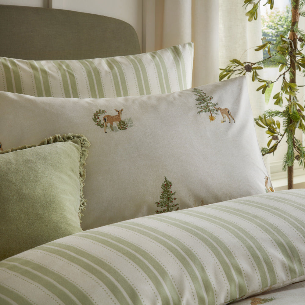 Striped Green Bedding  - Charlecote Printed 100% Cotton Duvet Cover Set Green/Natural Wylder