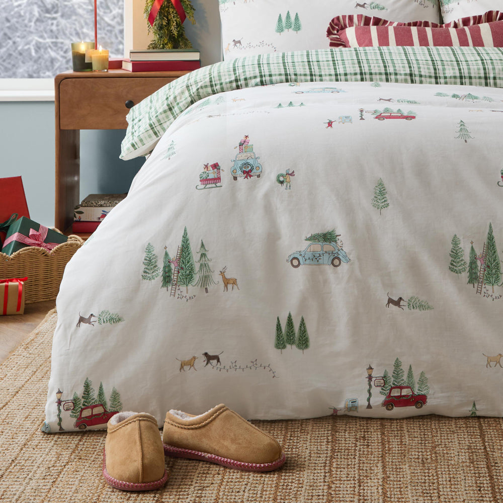 Woodland Cream Bedding - Christmas Tree Lane 100% Cotton Duvet Cover Set Natural/Sage Wylder