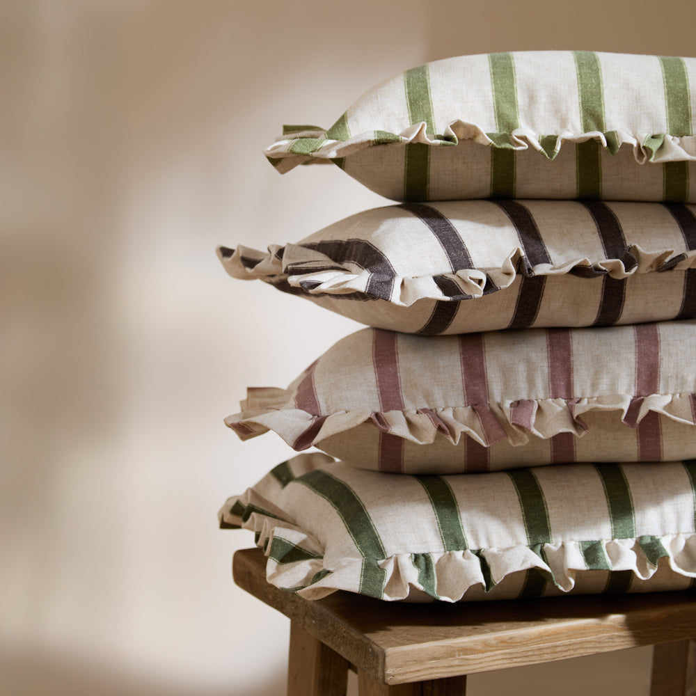Striped Green Cushions - Connie Striped Ruffle Cushion Cover Moss Wylder