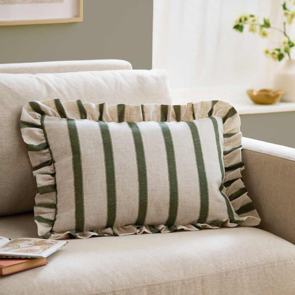 Striped Green Cushions - Connie Striped Ruffle Cushion Cover Moss Wylder
