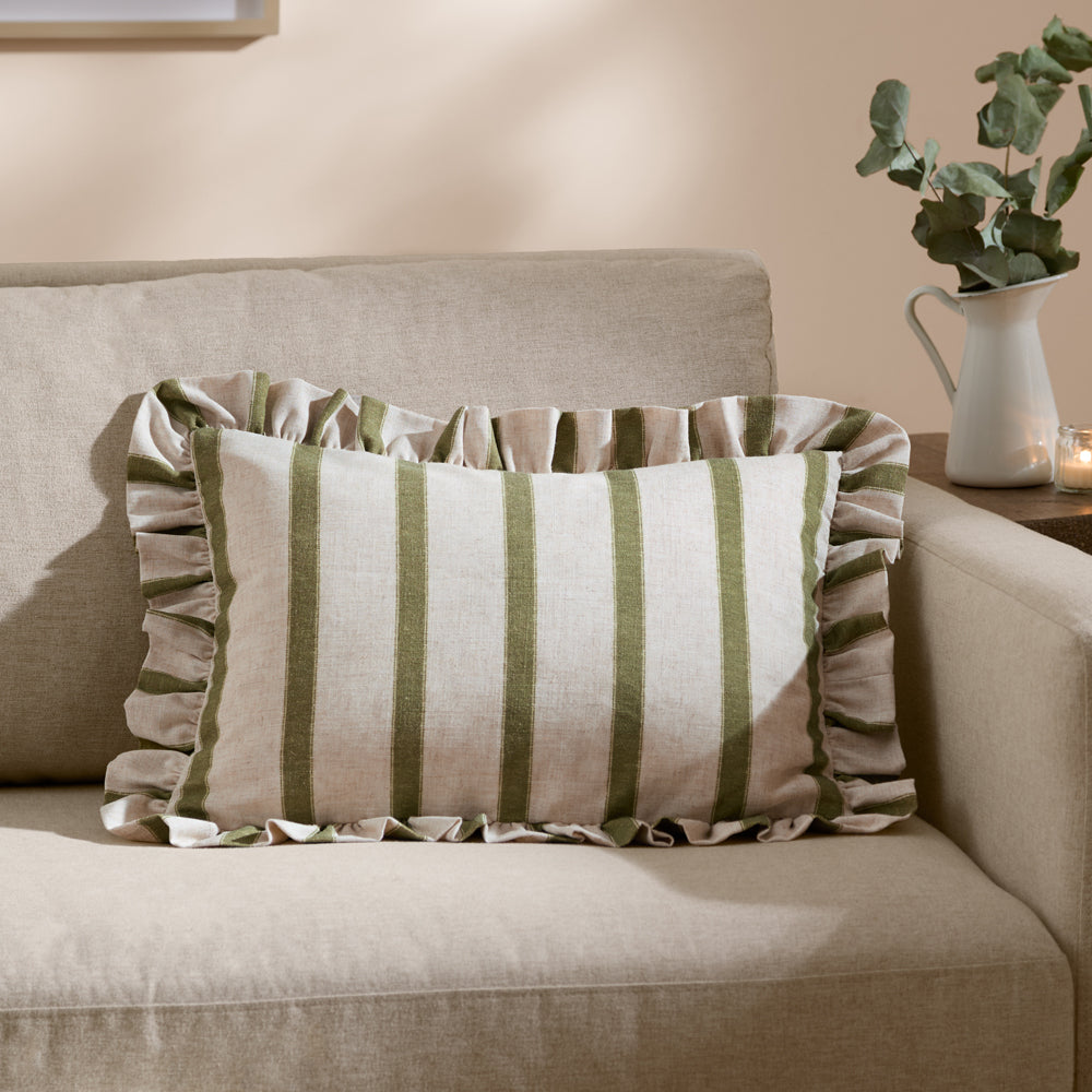 Striped Green Cushions - Connie Striped Ruffle Cushion Cover Olive Wylder