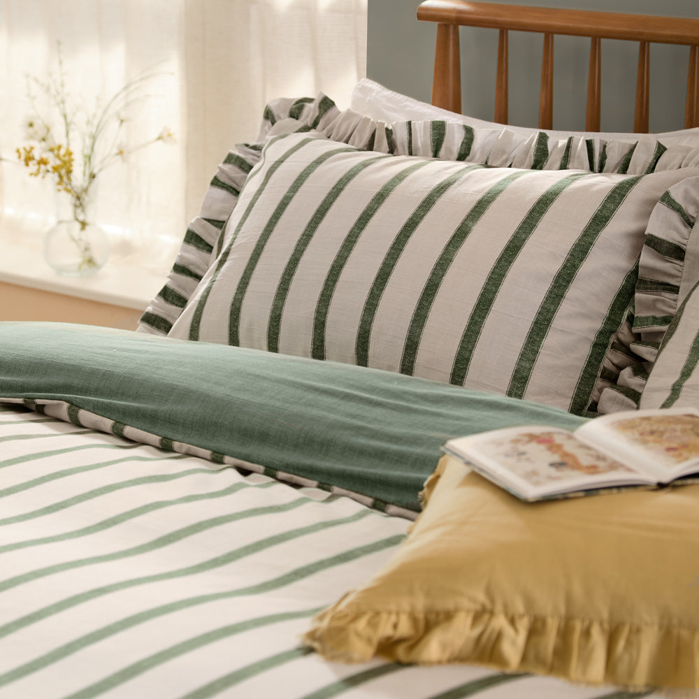 Striped Green Bedding - Connie Striped Ruffle Duvet Cover Set Moss Wylder