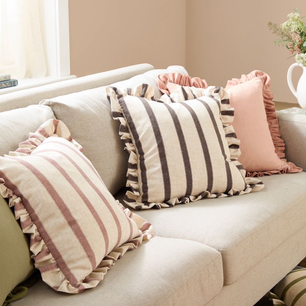 Striped Brown Cushions - Connie Square Striped Ruffle Cushion Cover Chocolate Wylder