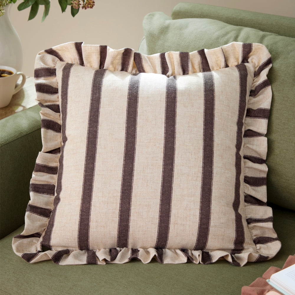 Striped Brown Cushions - Connie Square Striped Ruffle Cushion Cover Chocolate Wylder