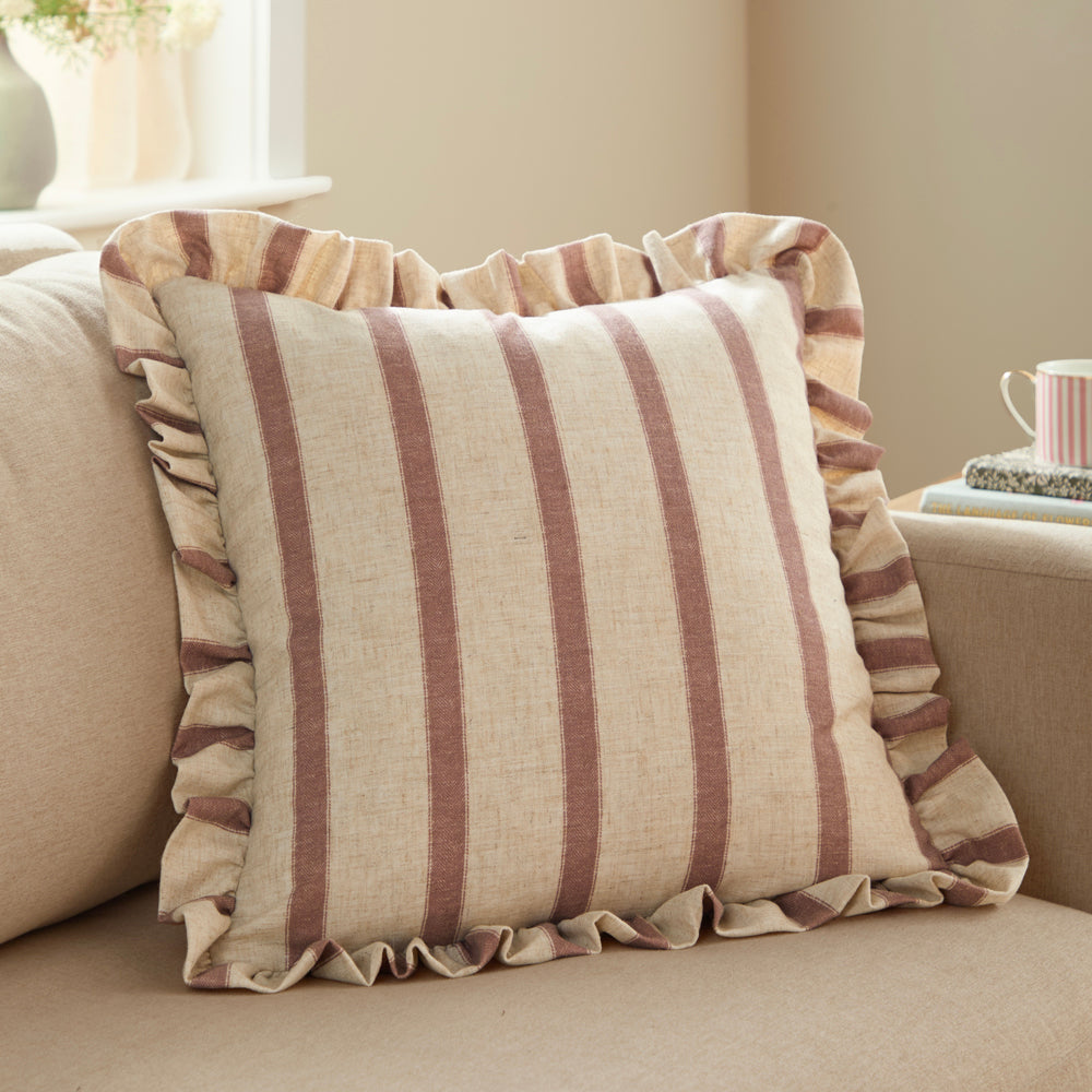 Striped Pink Cushions - Connie Square Striped Ruffle Cushion Cover Clay Pink Wylder