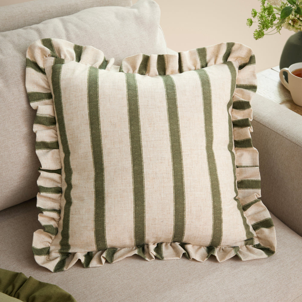 Striped Green Cushions - Connie Square Striped Ruffle Cushion Cover Moss Wylder