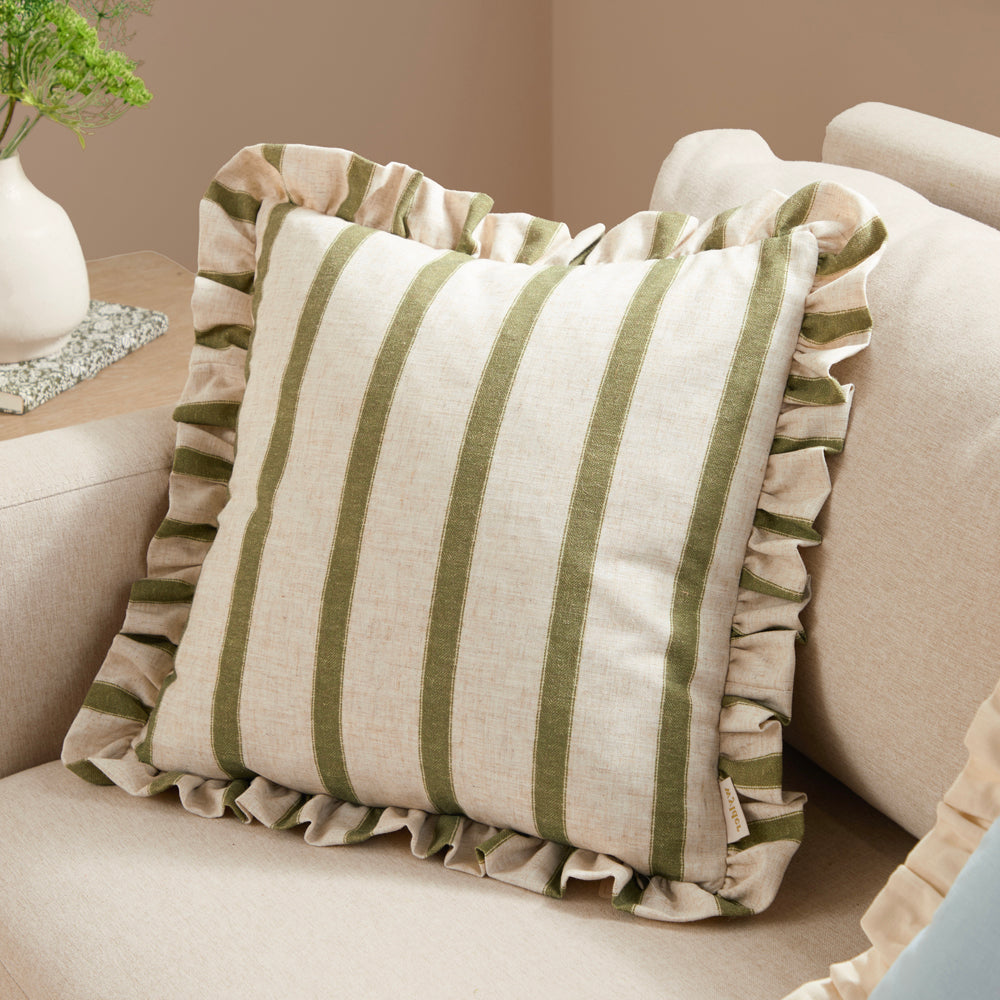 Striped Green Cushions - Connie Square Striped Ruffle Cushion Cover Olive Wylder