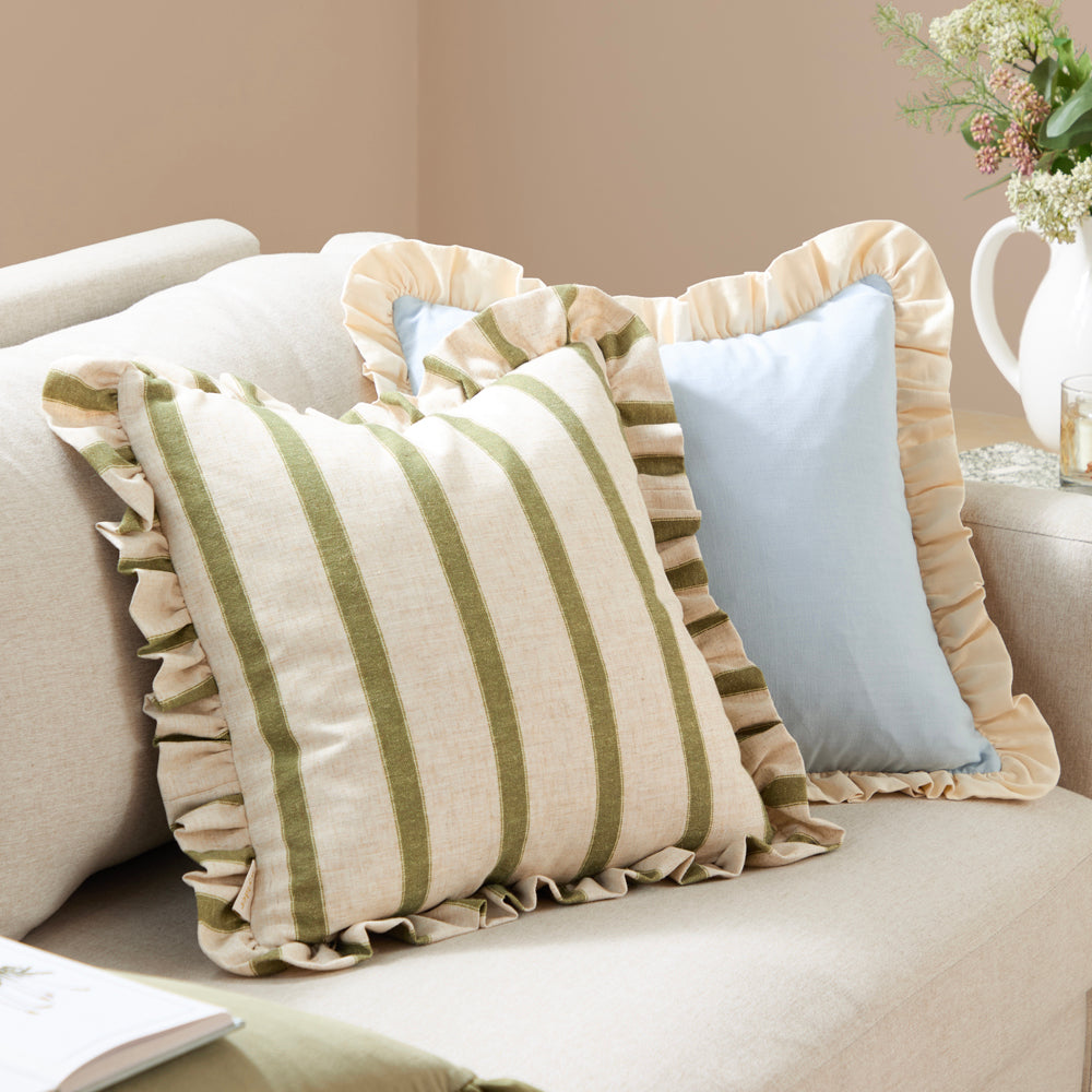 Plain Blue Cushions - Effie 100% Cotton Ruffle Cushion Cover Sky Blue/Vintage Cream Wylder