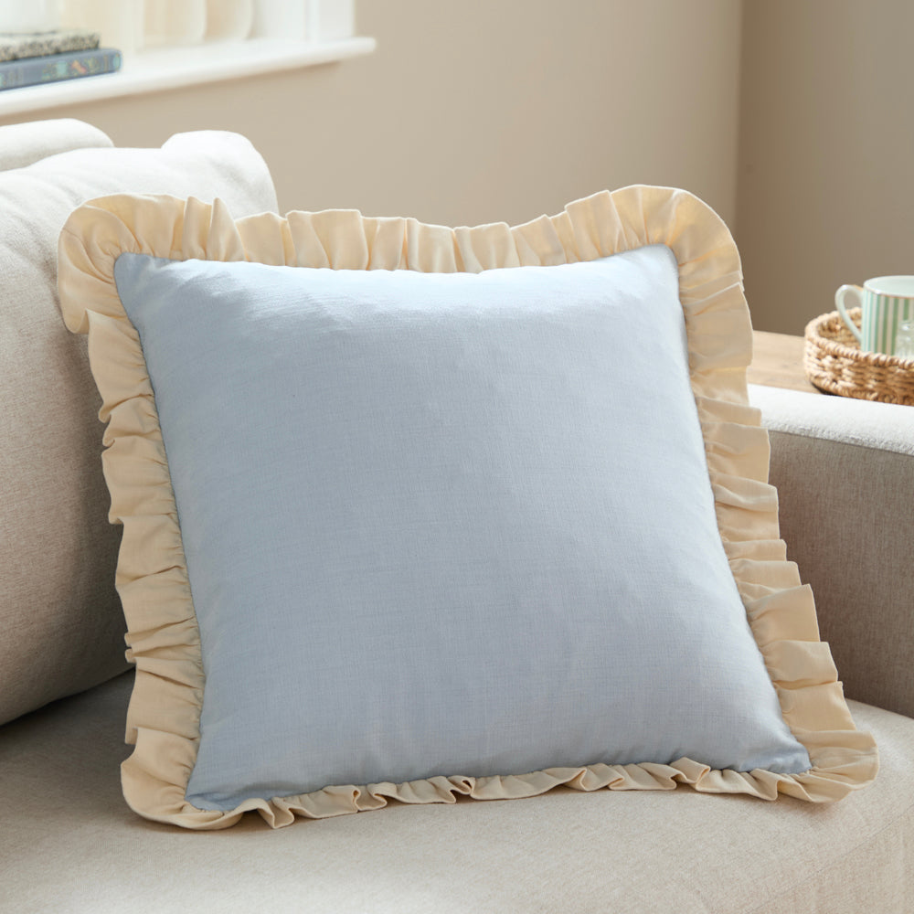 Plain Blue Cushions - Effie 100% Cotton Ruffle Cushion Cover Sky Blue/Vintage Cream Wylder