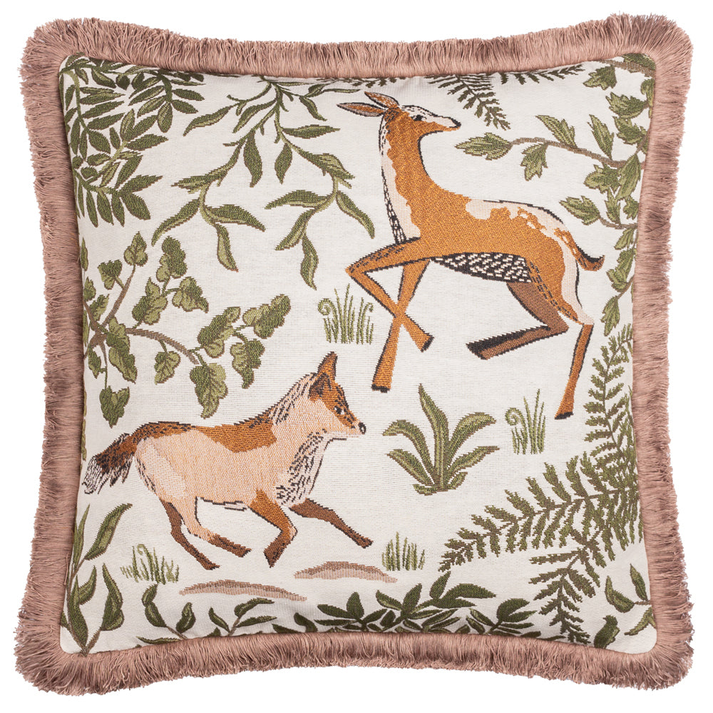Woodland Green Cushions - Fable Fox and Deer Embroidered Feather Filled Cushion Willow Green Wylder