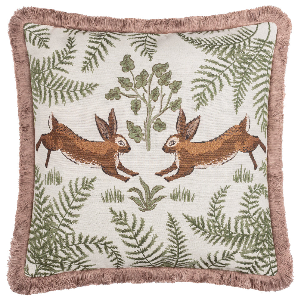 Woodland Green Cushions - Fable Rabbits Embroidered 100% Cotton Feather Filled Cushion Willow Green Wylder