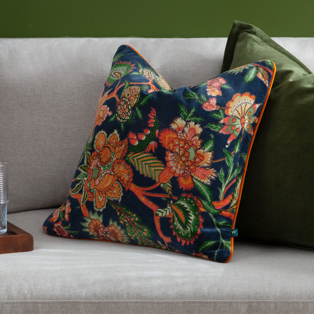 Floral Blue Cushions - Georgia Printed Velvet Cushion Cover Royal Blue Wylder