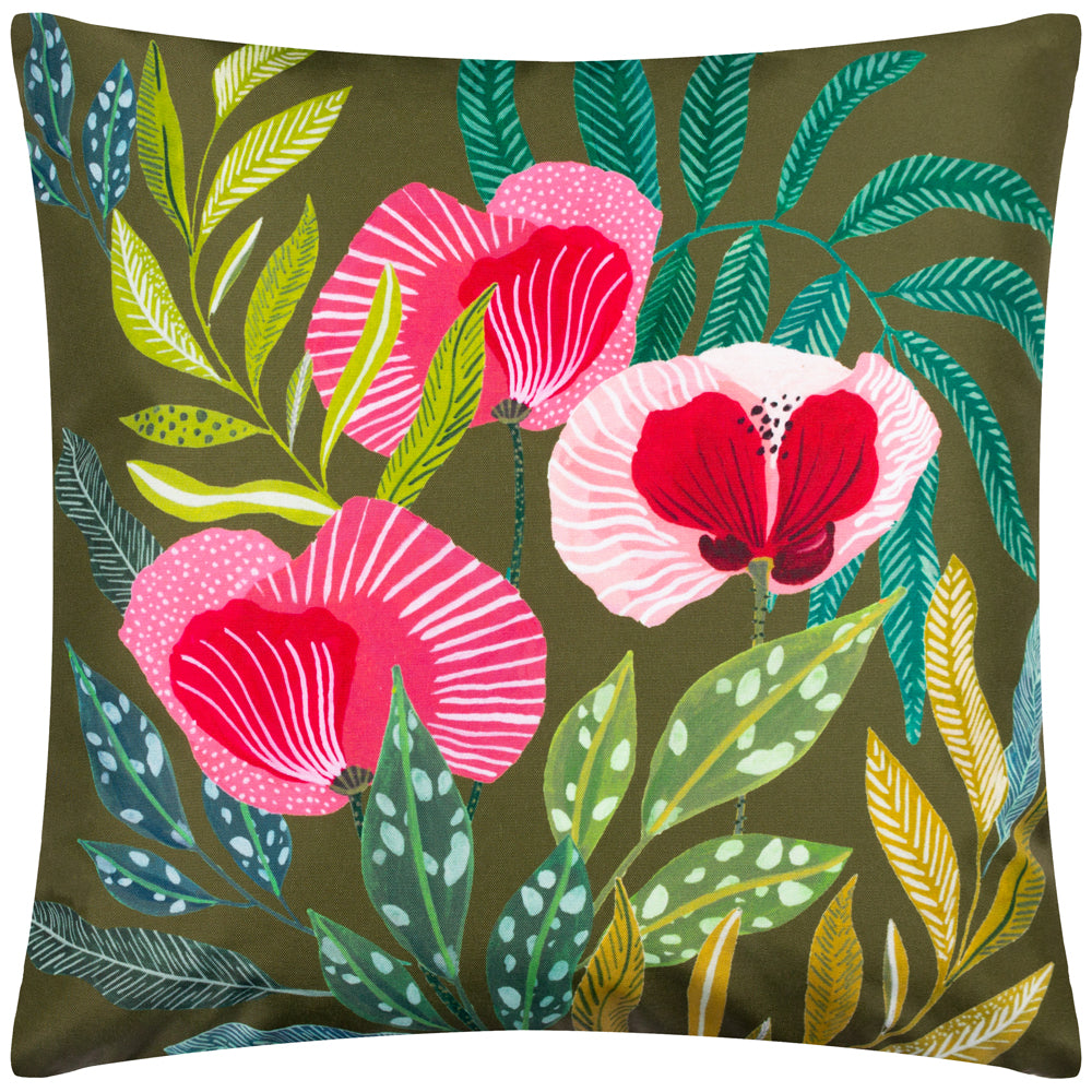Floral Green Cushions - House of Bloom Square Poppy Outdoor Cushion Cover Olive Wylder