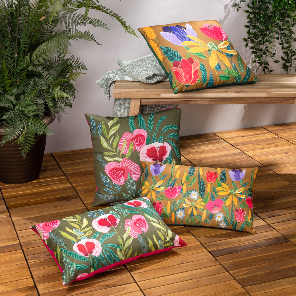 Floral Green Cushions - House of Bloom Square Poppy Outdoor Cushion Cover Olive Wylder