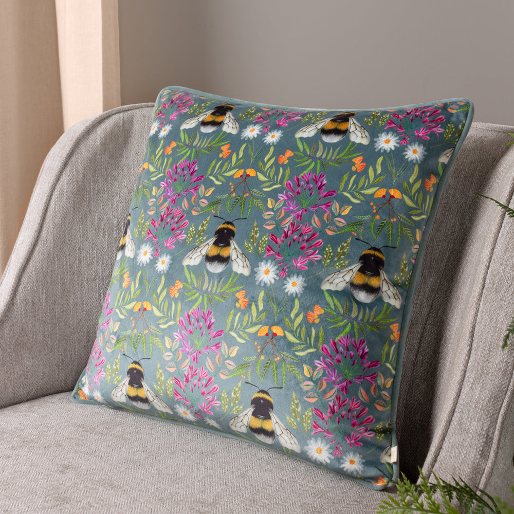 Floral Blue Cushions - House of Bloom Zinnia Bee Repeat Cushion Cover Steel Blue Wylder