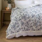 Floral Cream Bedding - Hermione Ruffled Cotton Bedspread Ivory/Blue Wylder