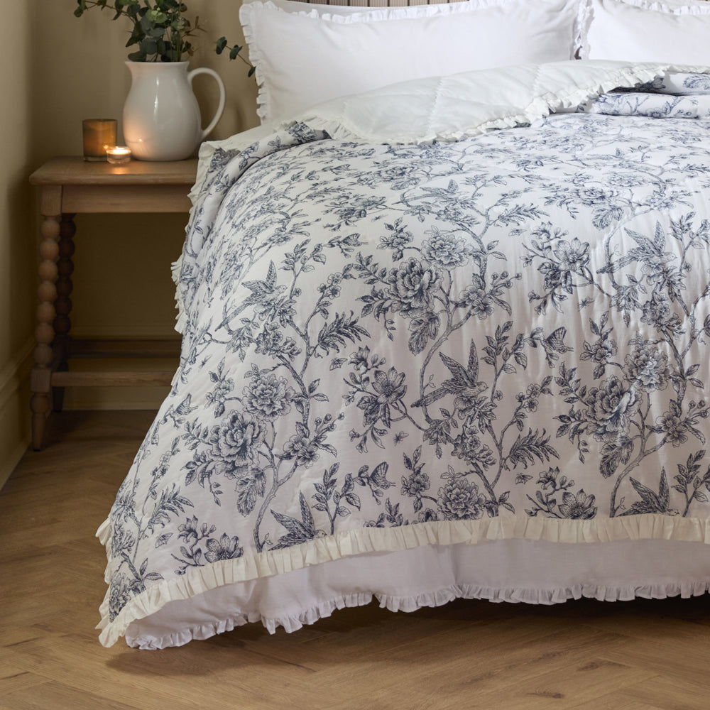 Floral Cream Bedding - Hermione Ruffled Cotton Bedspread Ivory/Blue Wylder