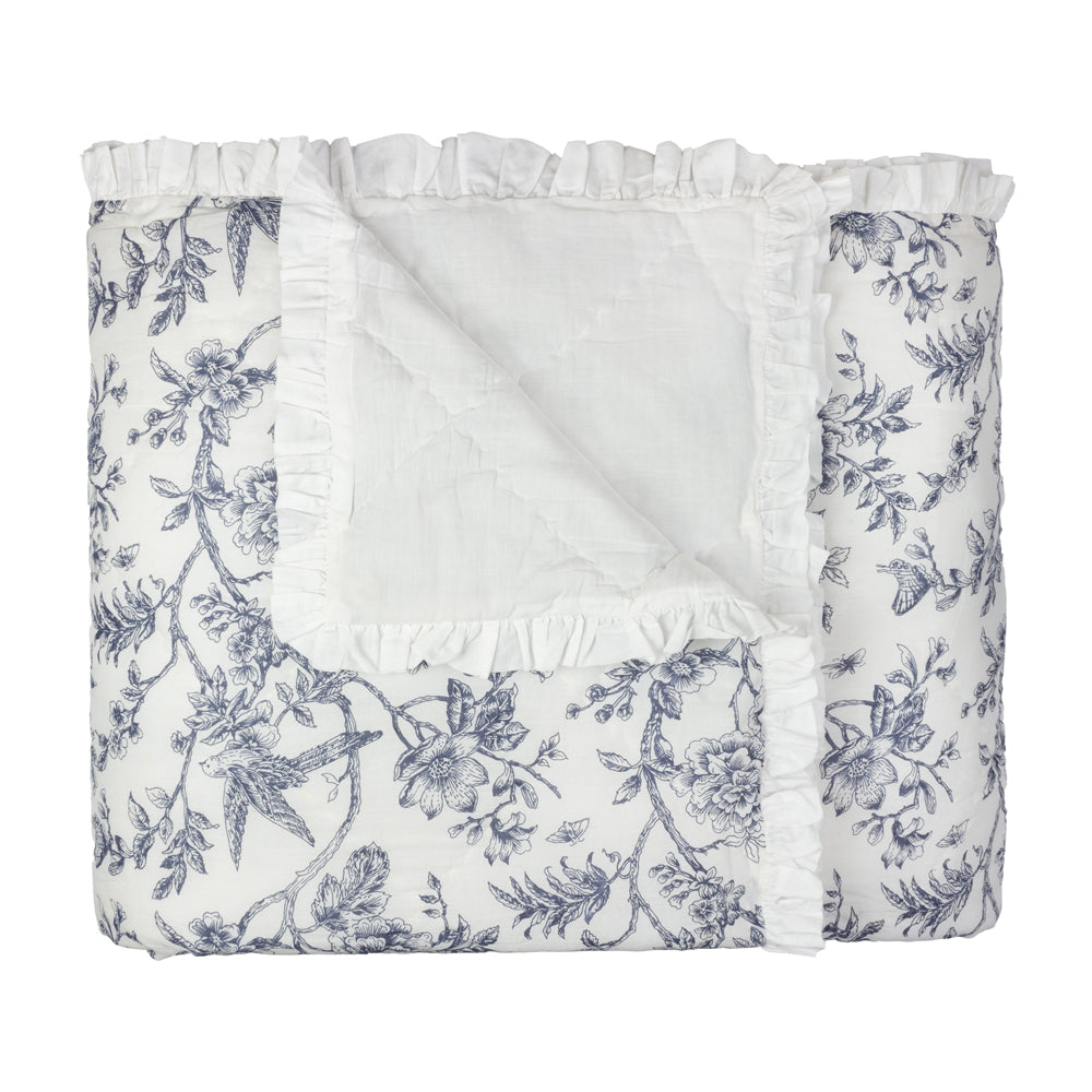 Floral Cream Bedding - Hermione Ruffled Cotton Bedspread Ivory/Blue Wylder