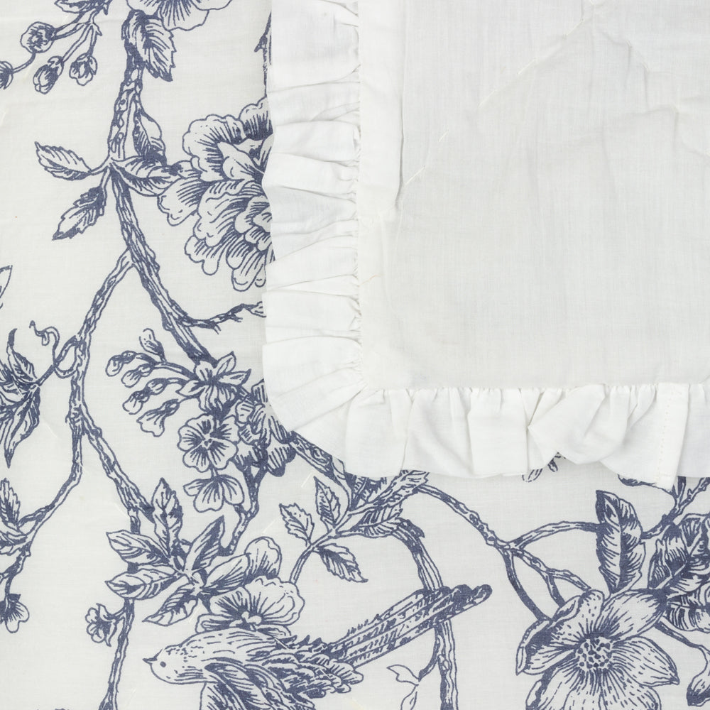 Floral Cream Bedding - Hermione Ruffled Cotton Bedspread Ivory/Blue Wylder
