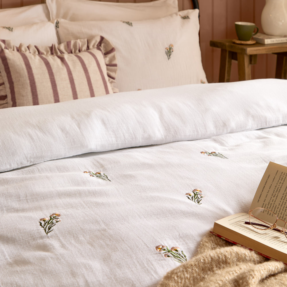 Floral White Bedding - Josephine Embroidered Muslin Duvet Cover Set White/Pink Wylder