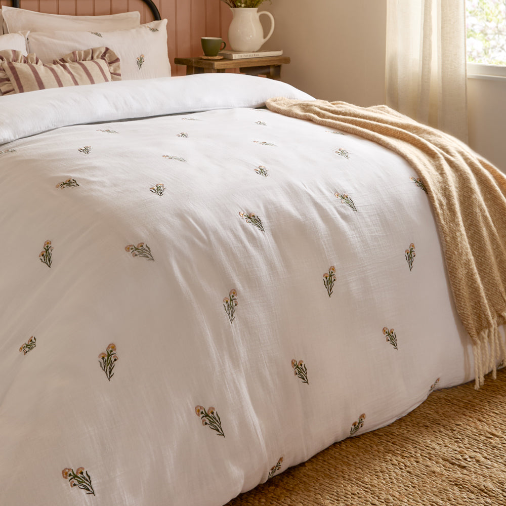 Floral White Bedding - Josephine Embroidered Muslin Duvet Cover Set White/Pink Wylder