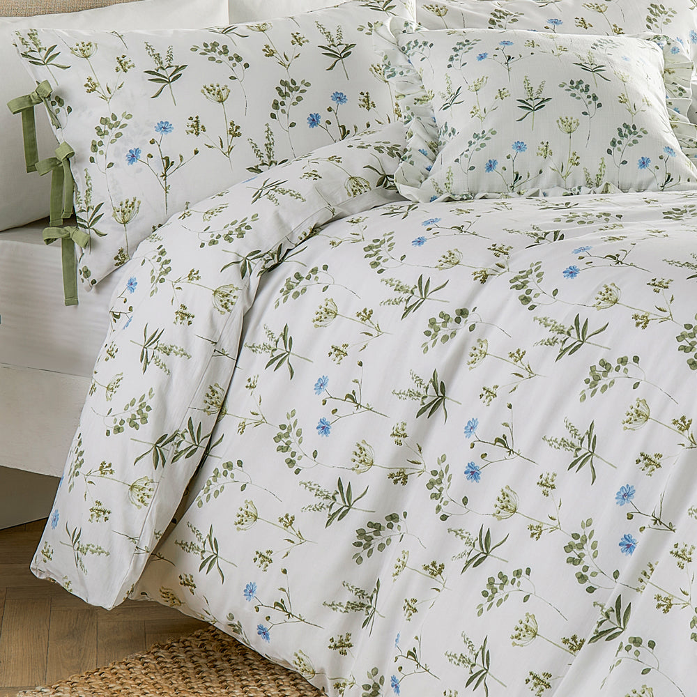 Floral White Bedding - Meadow 100% Cotton Floral Duvet Cover Set White/Cornflower Wylder