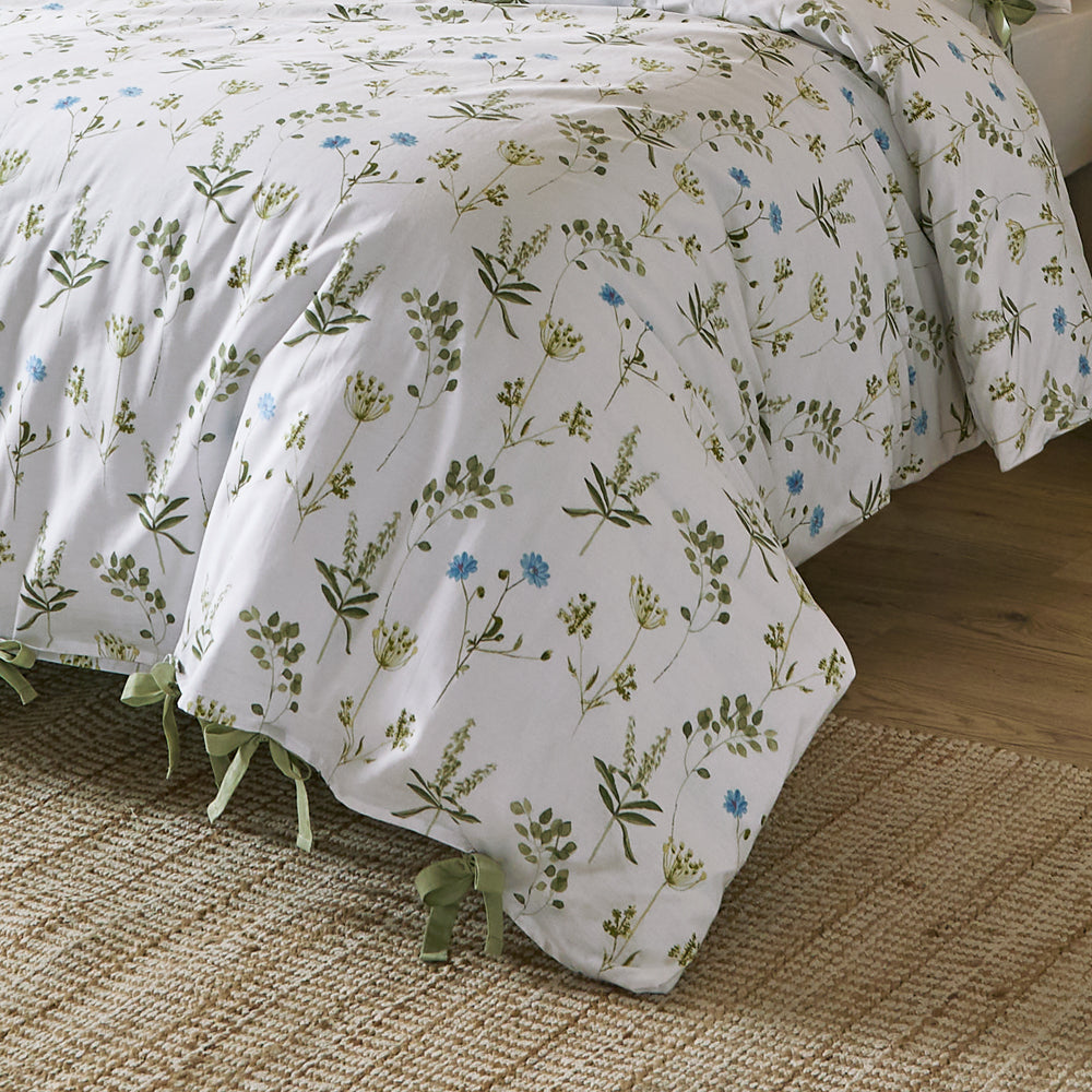 Floral White Bedding - Meadow 100% Cotton Floral Duvet Cover Set White/Cornflower Wylder