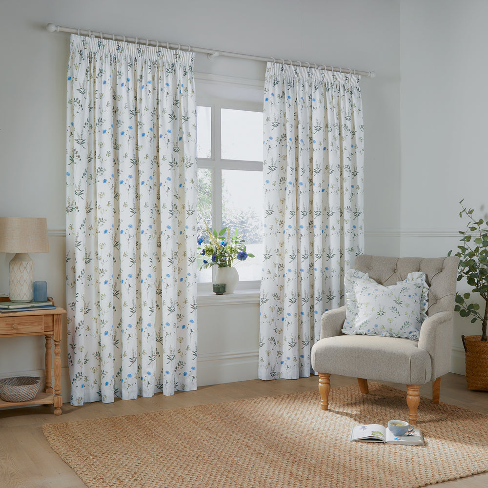 Floral White Curtains - Meadow Floral 100% Cotton Lined Pencil Pleat Curtains White/Cornflower Wylder