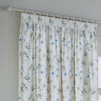 Floral White Curtains - Meadow Floral 100% Cotton Lined Pencil Pleat Curtains White/Cornflower Wylder