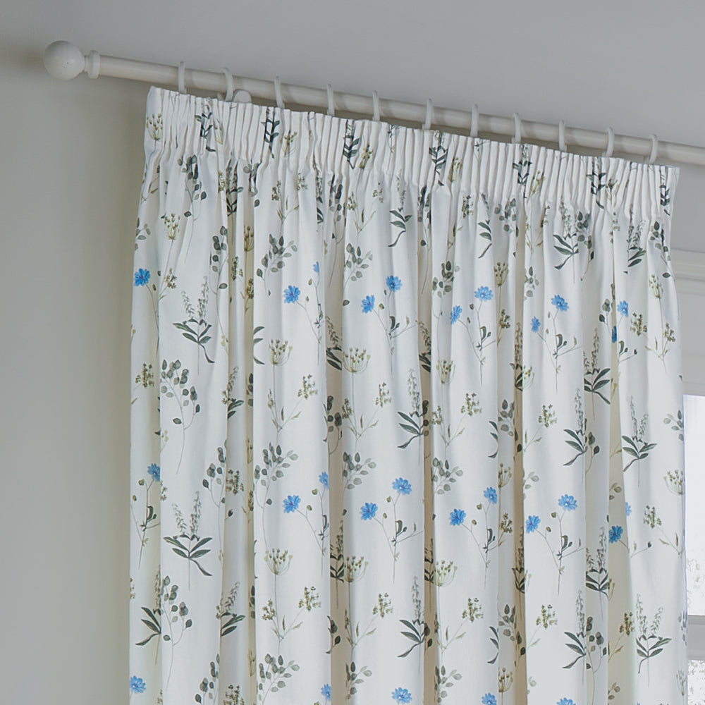 Floral White Curtains - Meadow Floral 100% Cotton Lined Pencil Pleat Curtains White/Cornflower Wylder