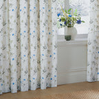 Floral White Curtains - Meadow Floral 100% Cotton Lined Pencil Pleat Curtains White/Cornflower Wylder