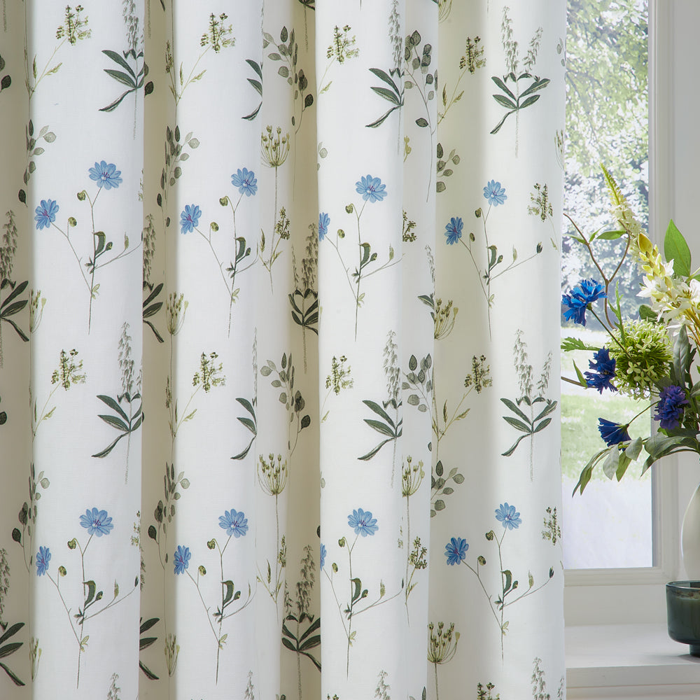 Floral White Curtains - Meadow Floral 100% Cotton Lined Pencil Pleat Curtains White/Cornflower Wylder