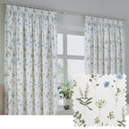 Floral White Curtains - Meadow Floral 100% Cotton Lined Pencil Pleat Curtains White/Cornflower Wylder
