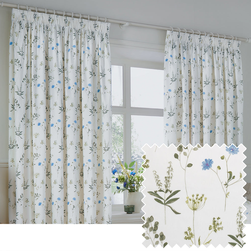 Floral White Curtains - Meadow Floral 100% Cotton Lined Pencil Pleat Curtains White/Cornflower Wylder