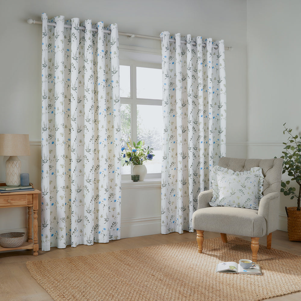 Floral White Curtains - Meadow Floral 100% Cotton Lined Eyelet Curtains White/Cornflower Wylder