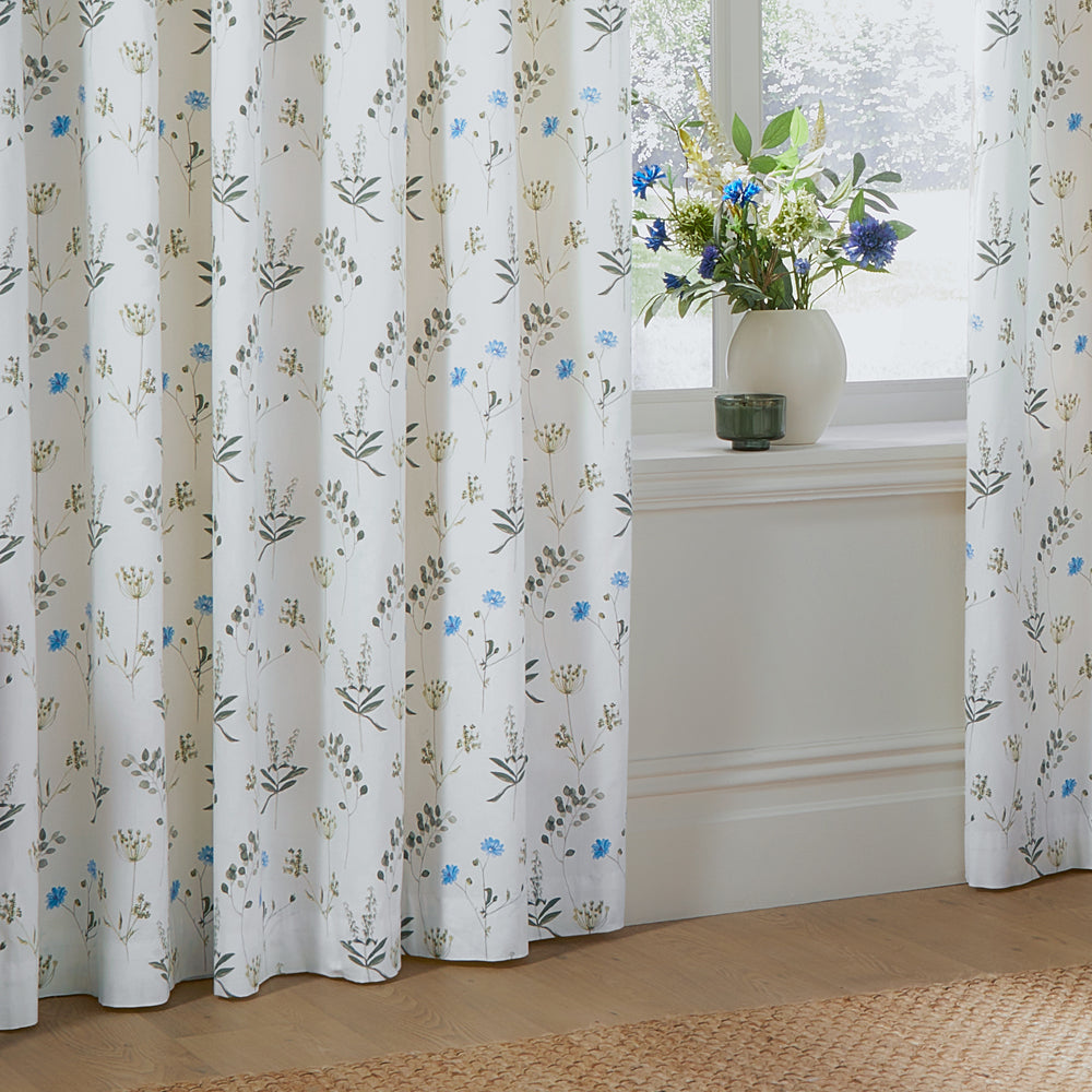 Floral White Curtains - Meadow Floral 100% Cotton Lined Eyelet Curtains White/Cornflower Wylder