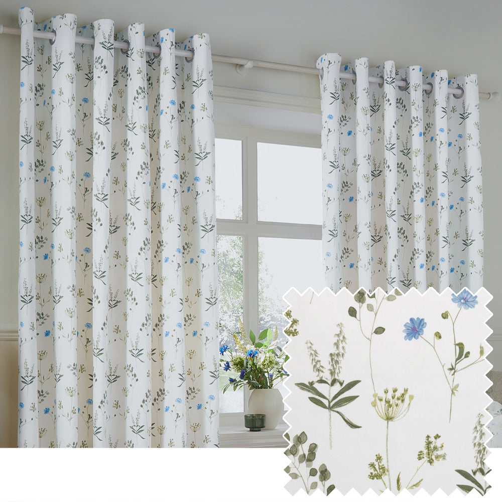 Floral White Curtains - Meadow Floral 100% Cotton Lined Eyelet Curtains White/Cornflower Wylder