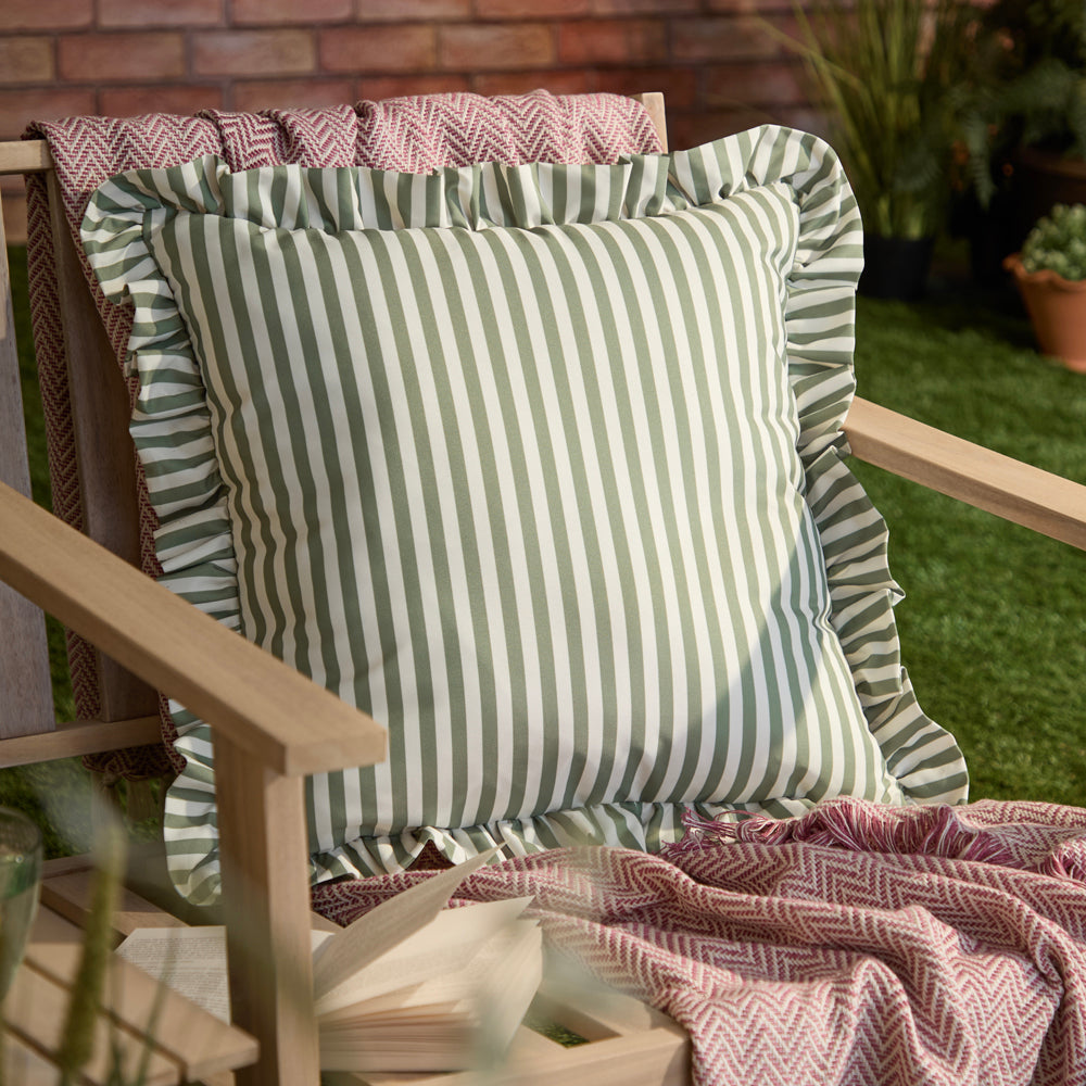 Striped Green Cushions - Millie Ruffle Striped Outdoor Cushion Cover Green Wylder