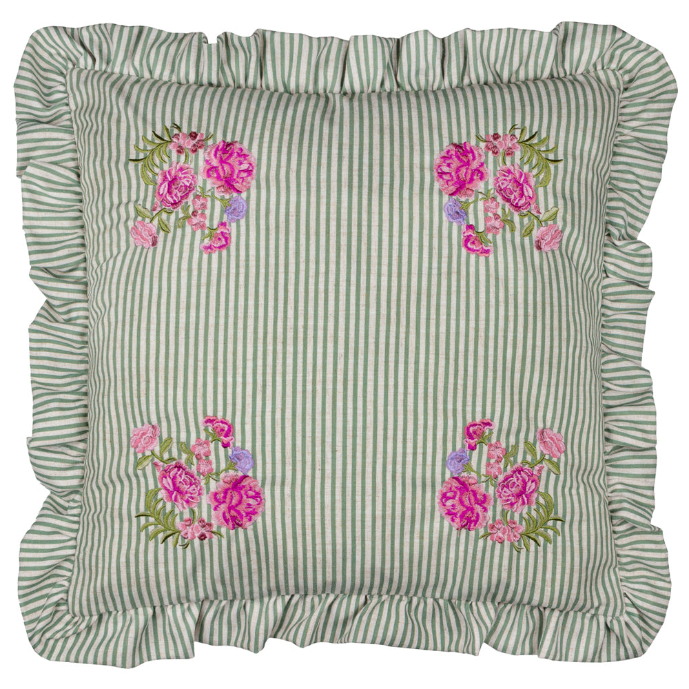 Floral Green Cushions - Martha Embroidered Ruffle Cushion Cover Sage Wylder