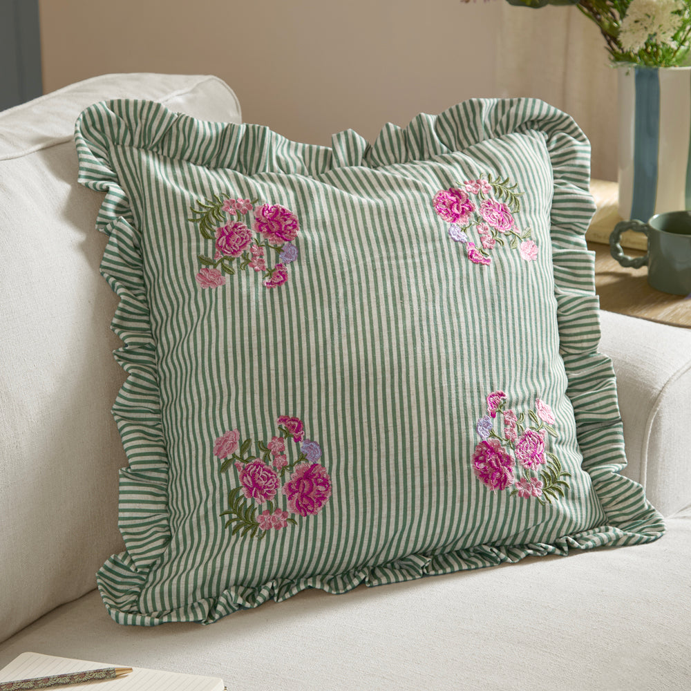 Floral Green Cushions - Martha Embroidered Ruffle Cushion Cover Sage Wylder