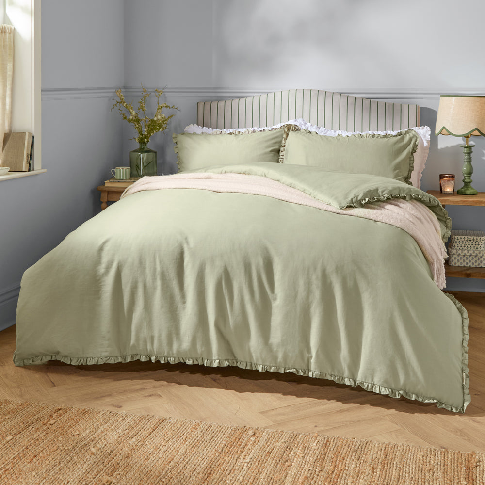Plain Green Bedding - Tilly 100% Cotton Ruffle Duvet Cover Set Sage Wylder