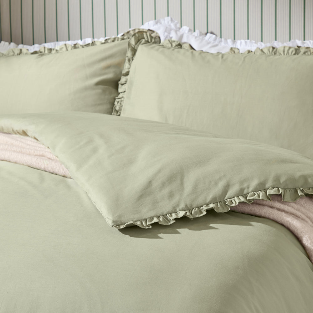 Plain Green Bedding - Tilly 100% Cotton Ruffle Duvet Cover Set Sage Wylder