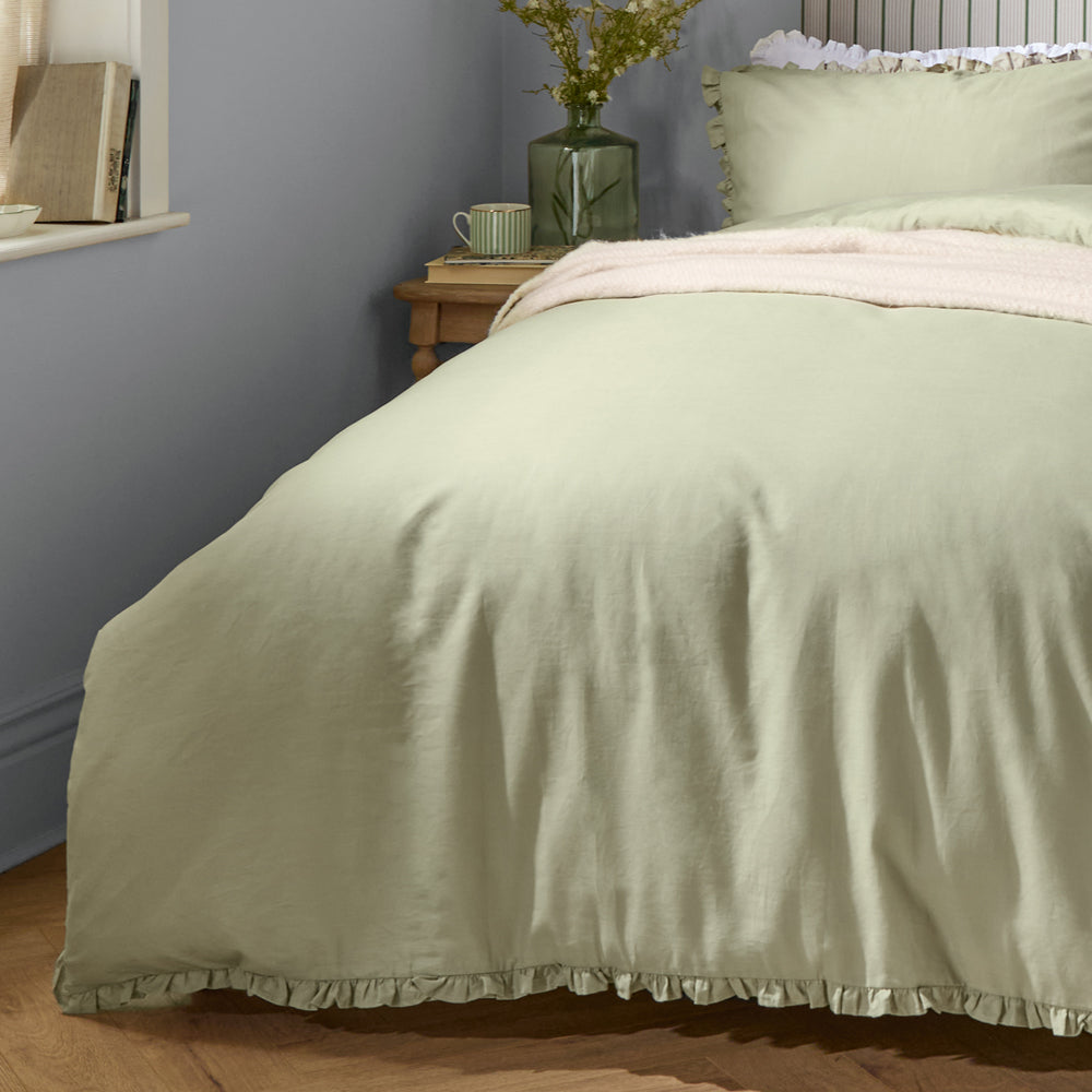 Plain Green Bedding - Tilly 100% Cotton Ruffle Duvet Cover Set Sage Wylder