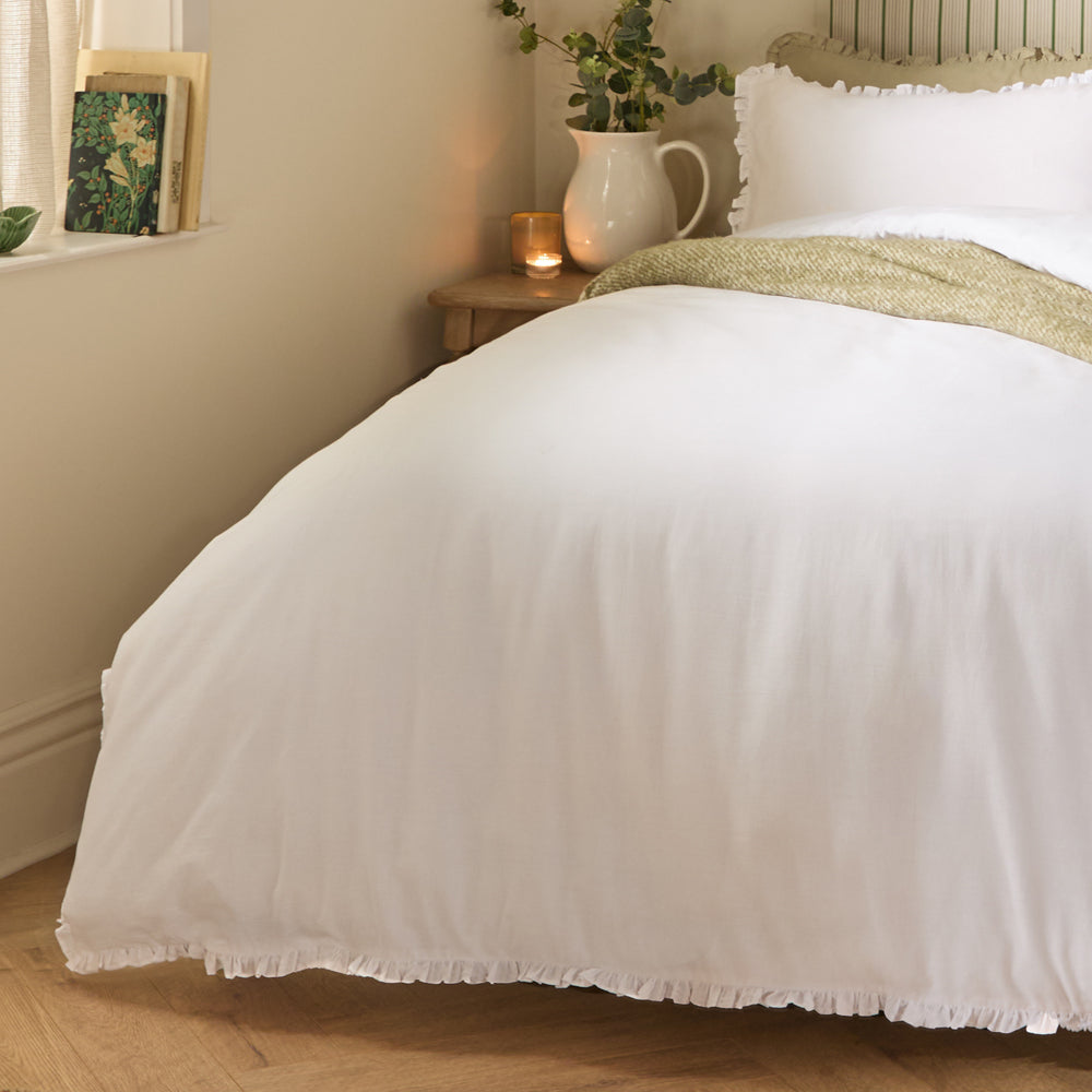 Plain White Bedding - Tilly 100% Cotton Ruffle Duvet Cover Set White Wylder