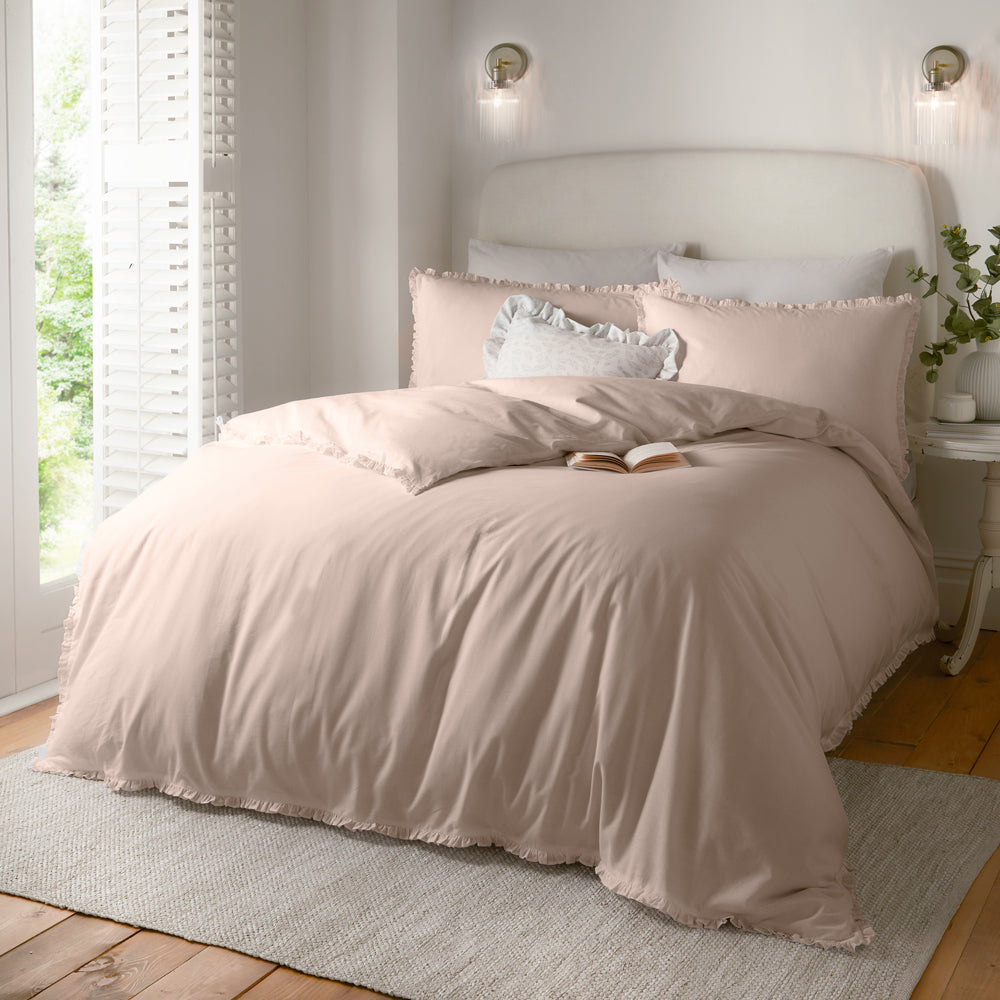 Plain Pink Bedding - Tilly 100% Cotton Ruffle Duvet Cover Set Blush Pink Wylder