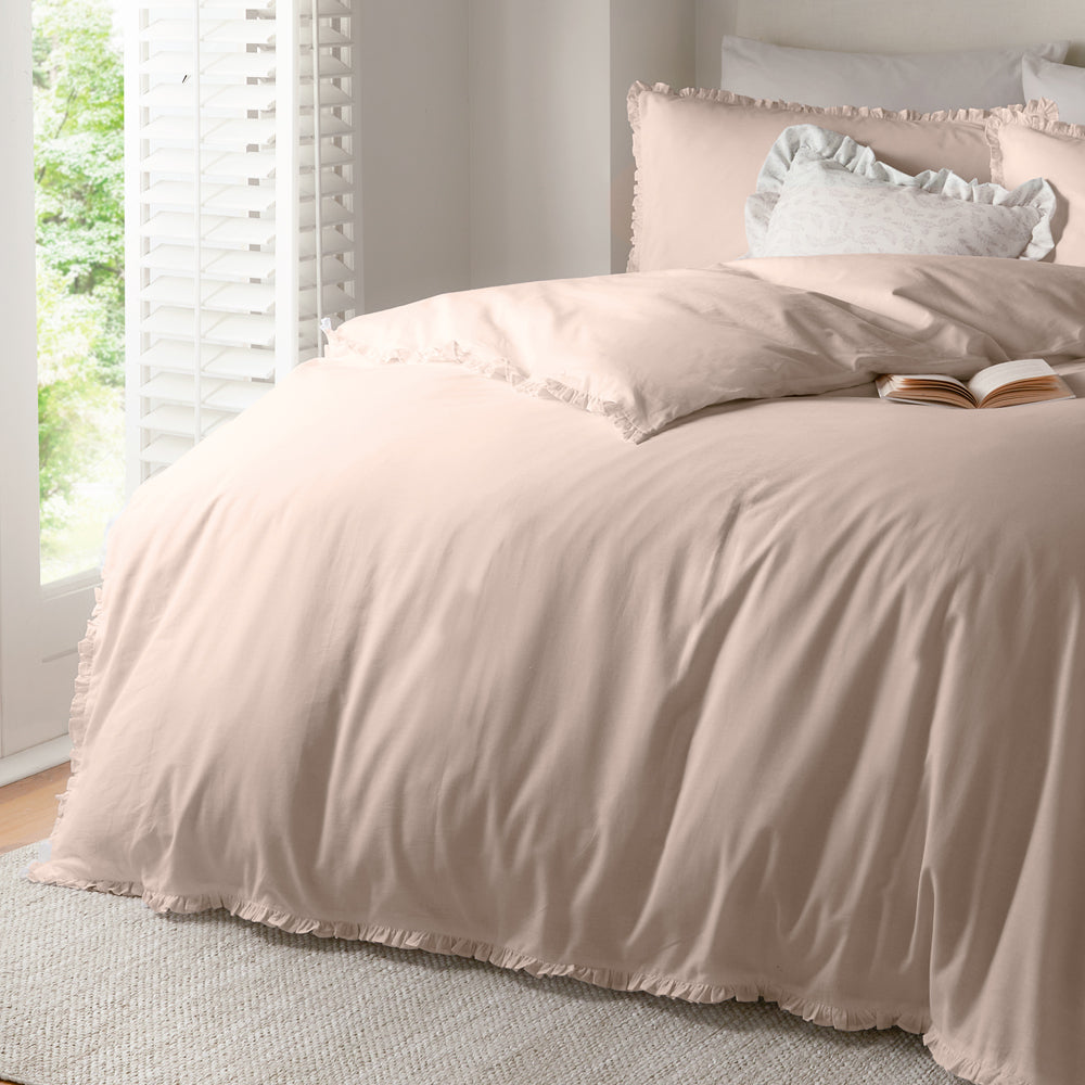 Plain Pink Bedding - Tilly 100% Cotton Ruffle Duvet Cover Set Blush Pink Wylder