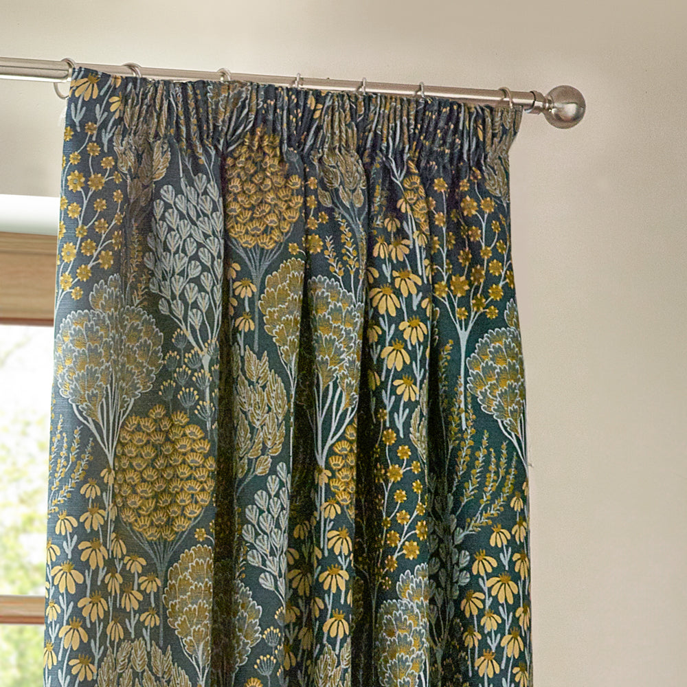 Floral Blue Curtains - Ophelia Fully Lined Jacquard Floral Pencil Pleat Curtains Blue/Saffron Wylder
