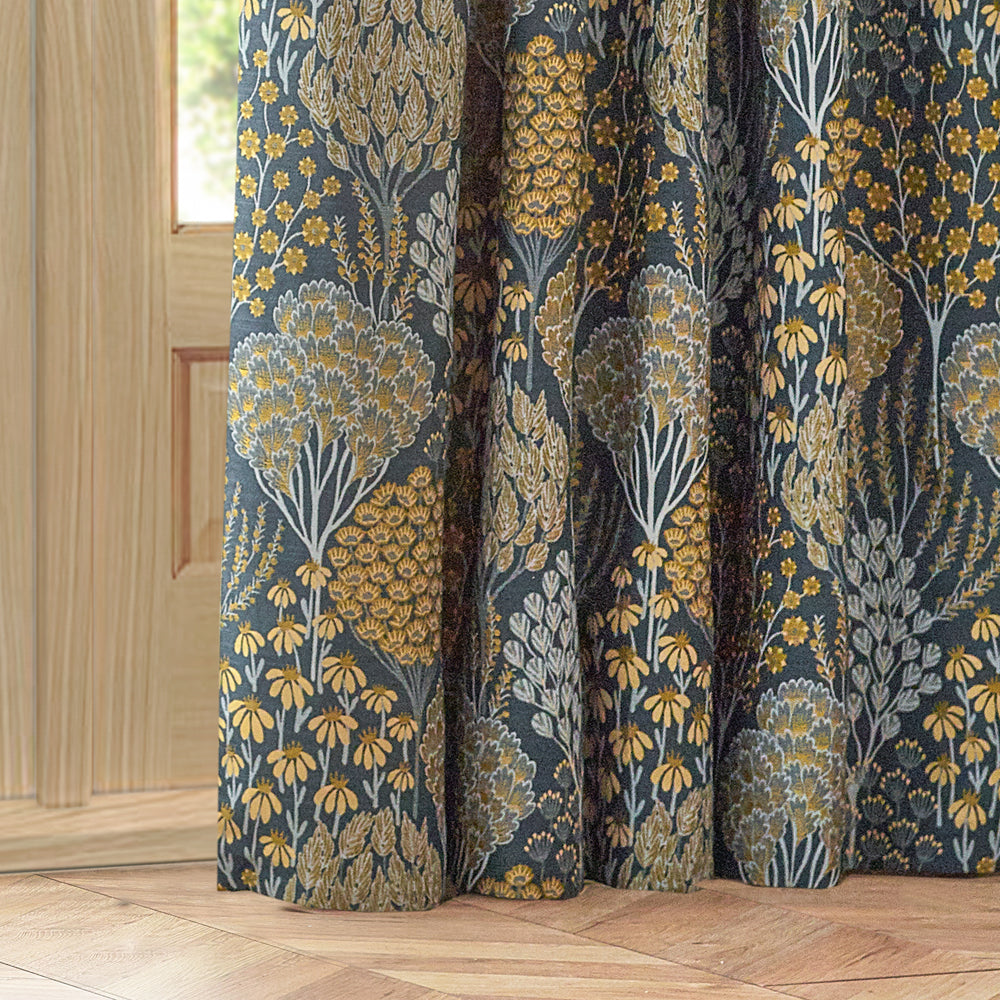 Floral Blue Curtains - Ophelia Fully Lined Jacquard Floral Pencil Pleat Curtains Blue/Saffron Wylder