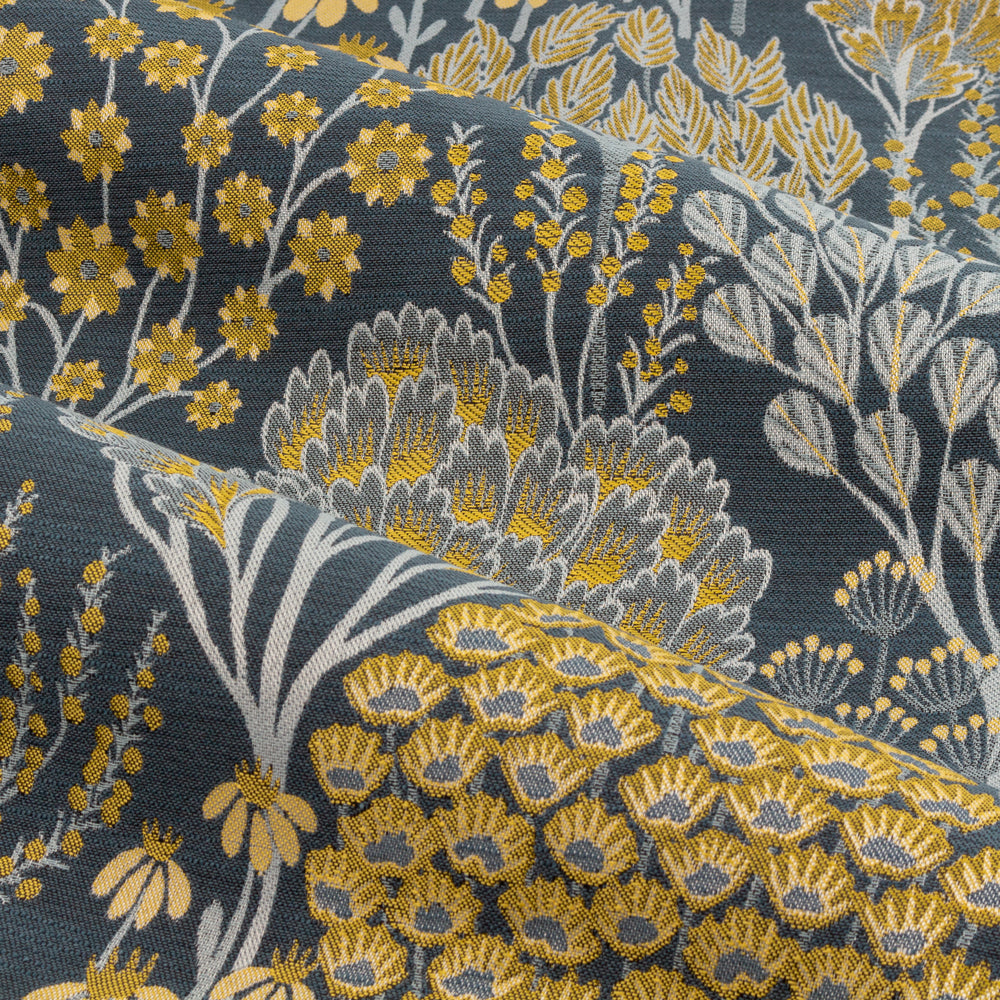 Floral Blue Curtains - Ophelia Fully Lined Jacquard Floral Pencil Pleat Curtains Blue/Saffron Wylder