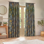 Floral Blue Curtains - Ophelia Fully Lined Jacquard Floral Pencil Pleat Curtains Blue/Saffron Wylder